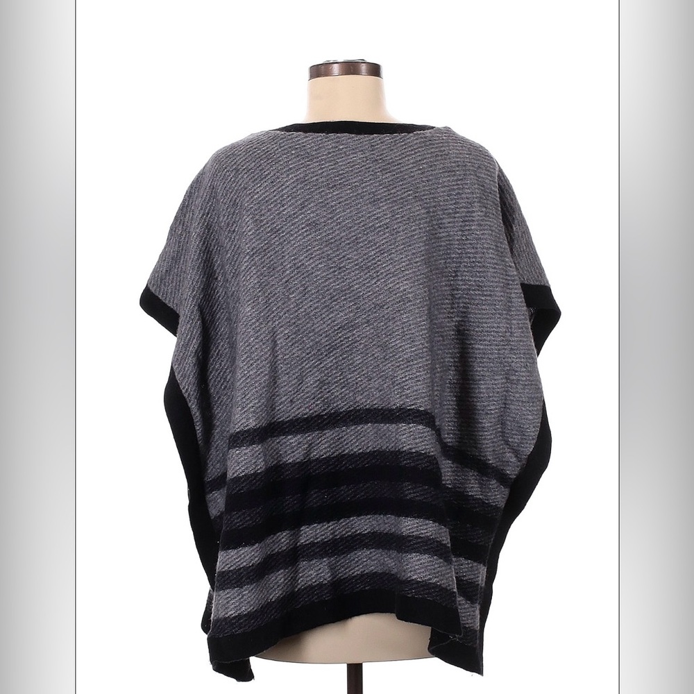 J. Jill Gray Black Striped Wool Blend Knit Poncho Sweater Wrap One Size Pockets - Picture 3 of 4